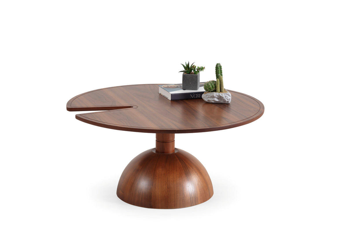 Close-up of Pomela Walnut coffee table wood grain and square legs