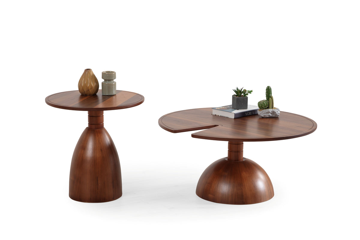 Pomela Walnut coffee table set in living room setting, side angle