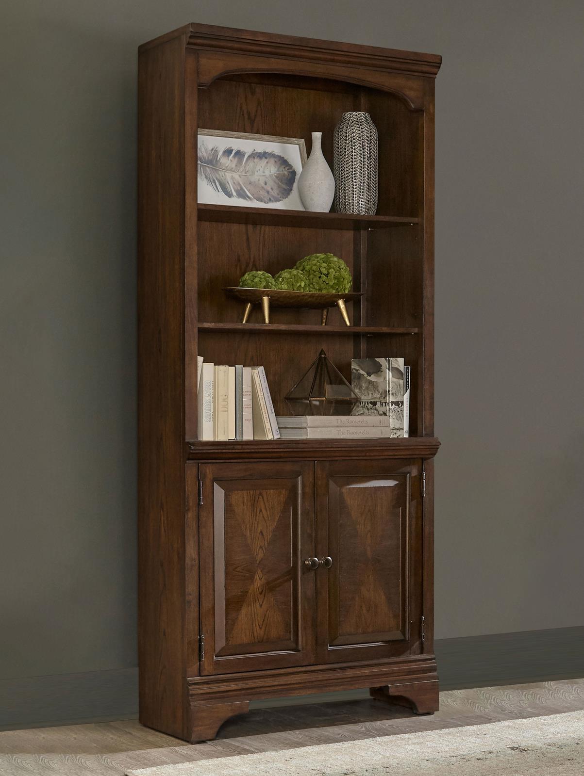 Hartshill Bookcase with Cabinet in Burnished Oak, front angle