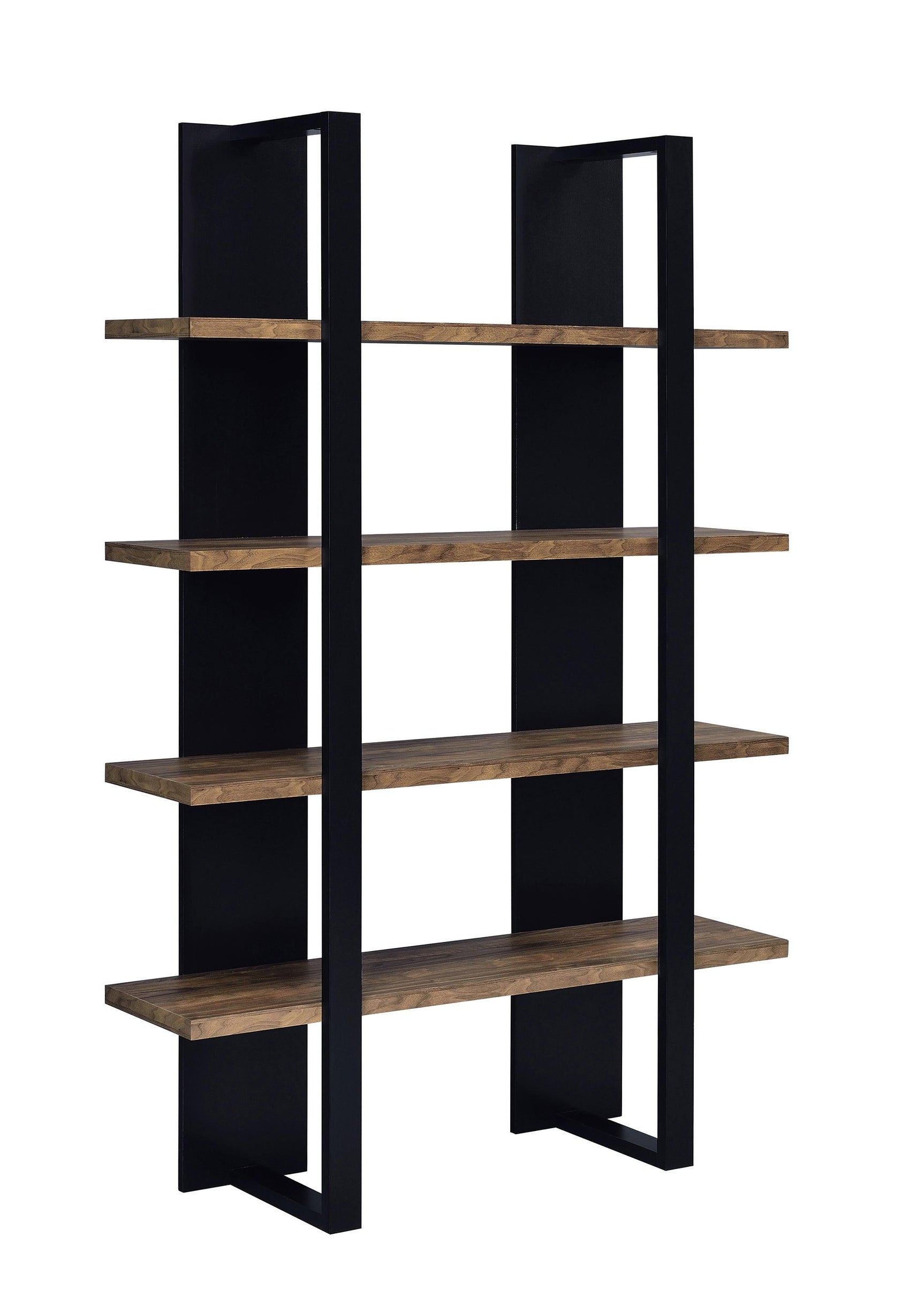 Side angle of Danbrook contemporary bookcase showing metal frame and extended shelves