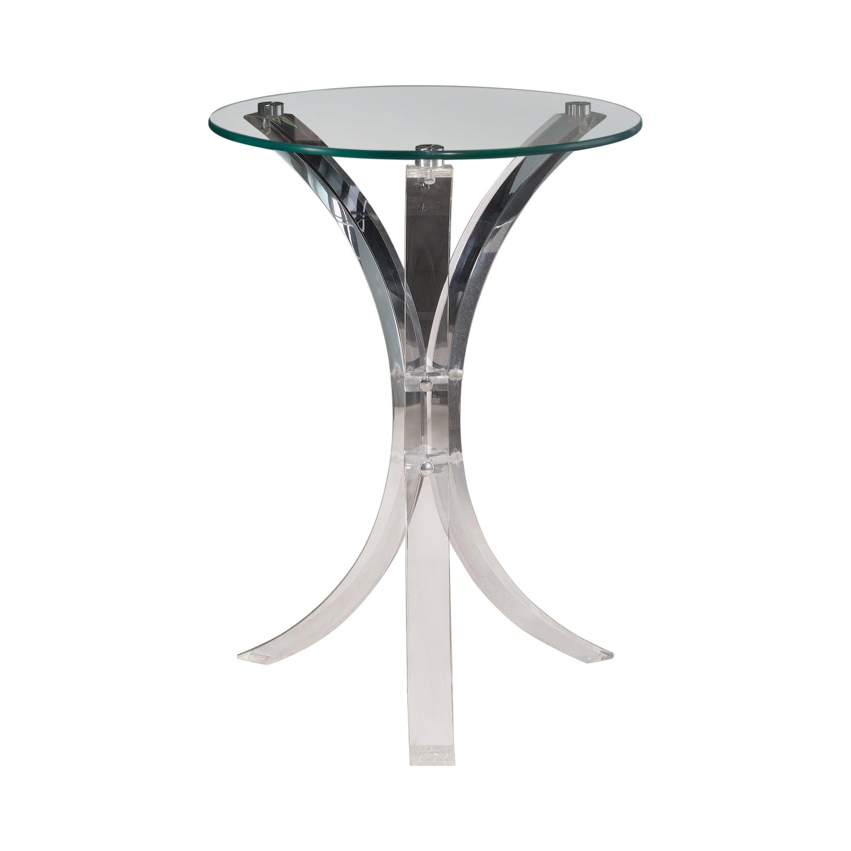 Side angle of Emmett Clear Round Accent Table showing acrylic tripod base
