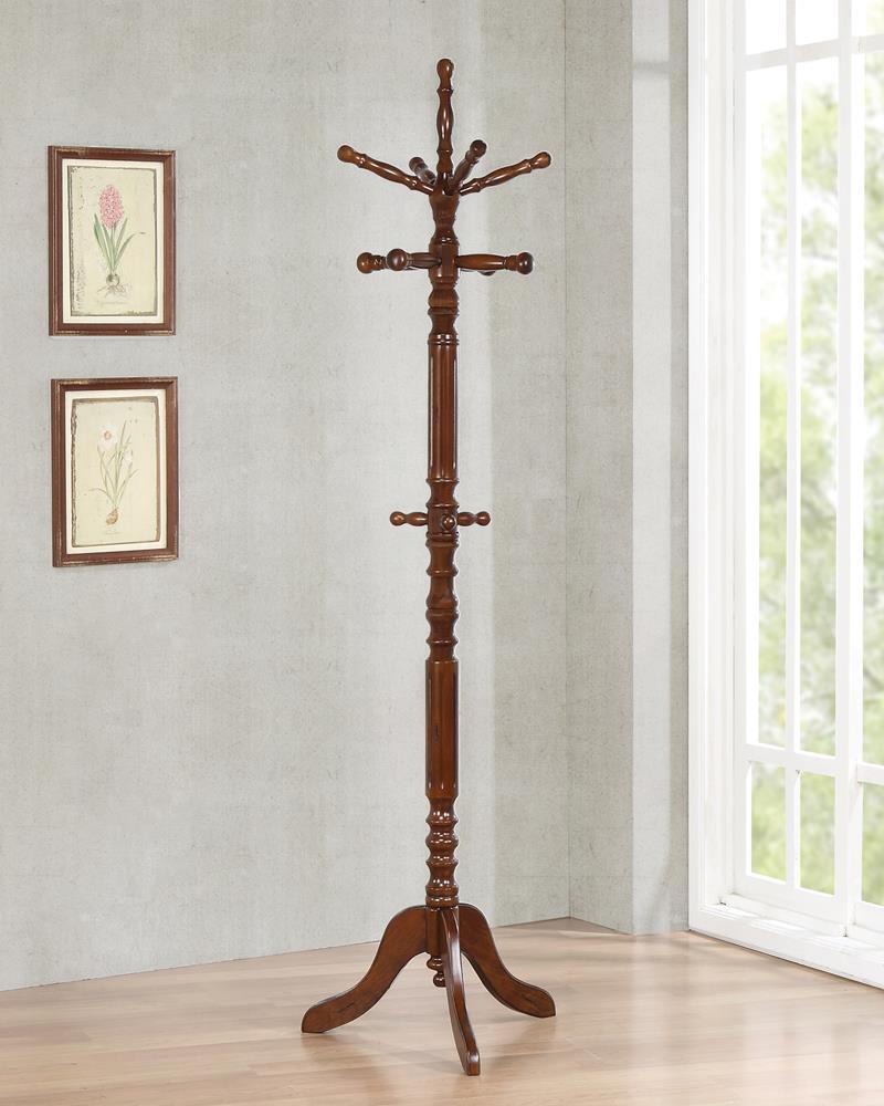 Tabacco Brown Coat Rack front view showing 11 hooks and shelves