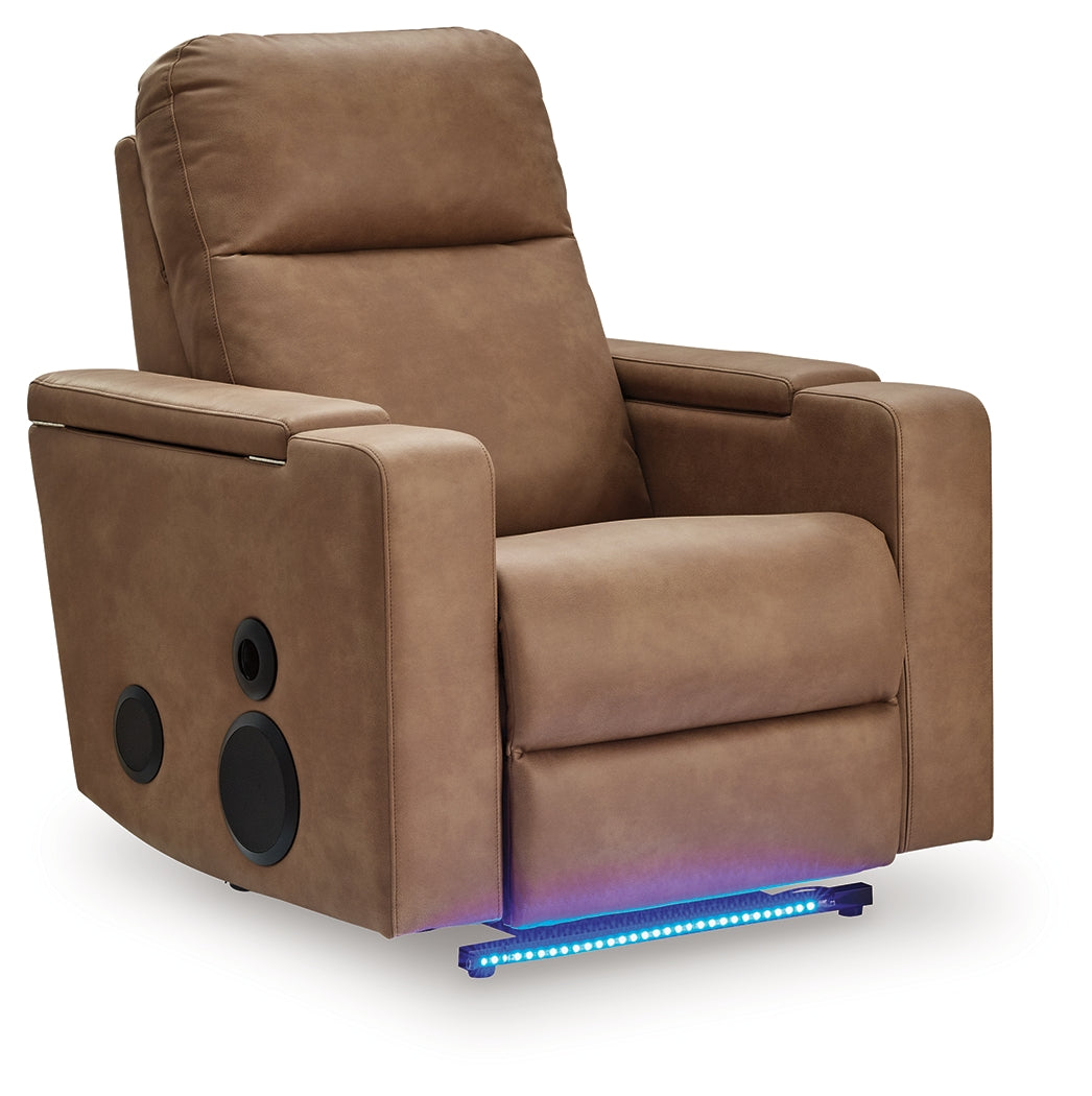 Lorrenton caramel faux leather power glider recliner side view