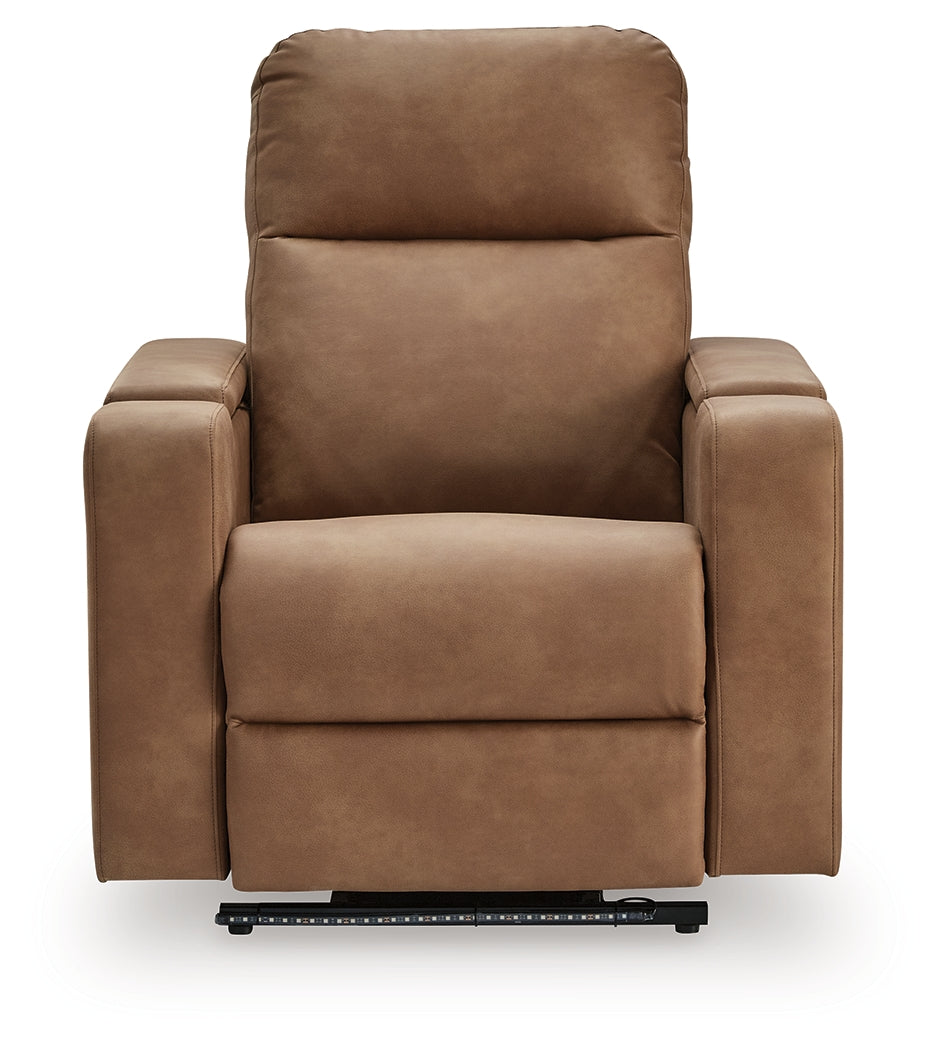 Side profile of Lorrenton caramel faux leather power glider recliner