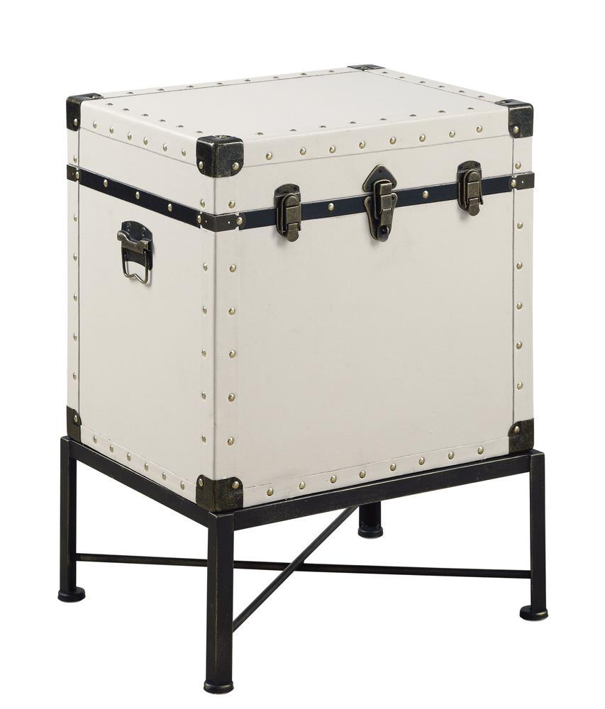 Angled side view of Nancy white accent cabinet showing nailhead trim and storage area