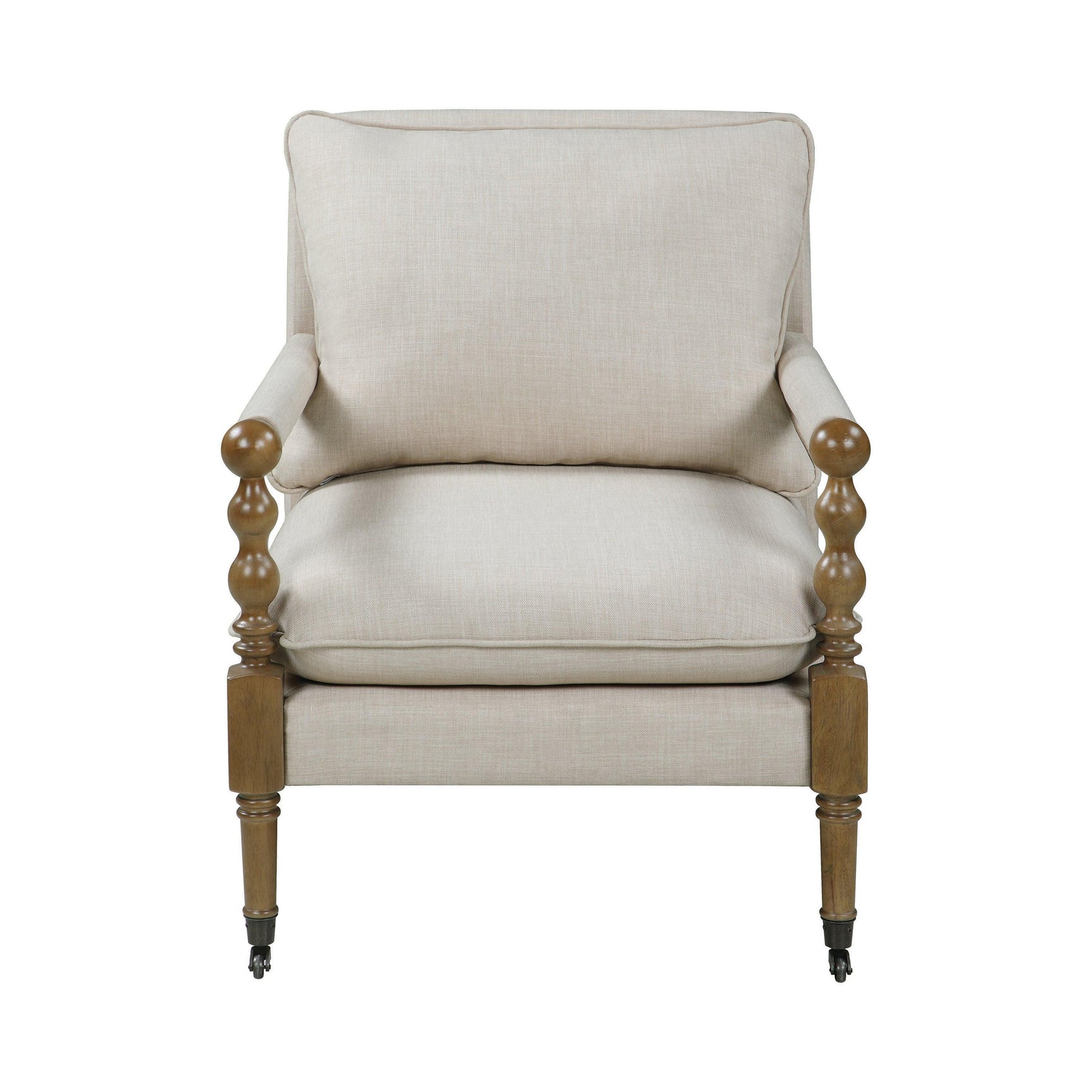 Close-up of beige upholstery and dark oak wood frame on Monaghan chair