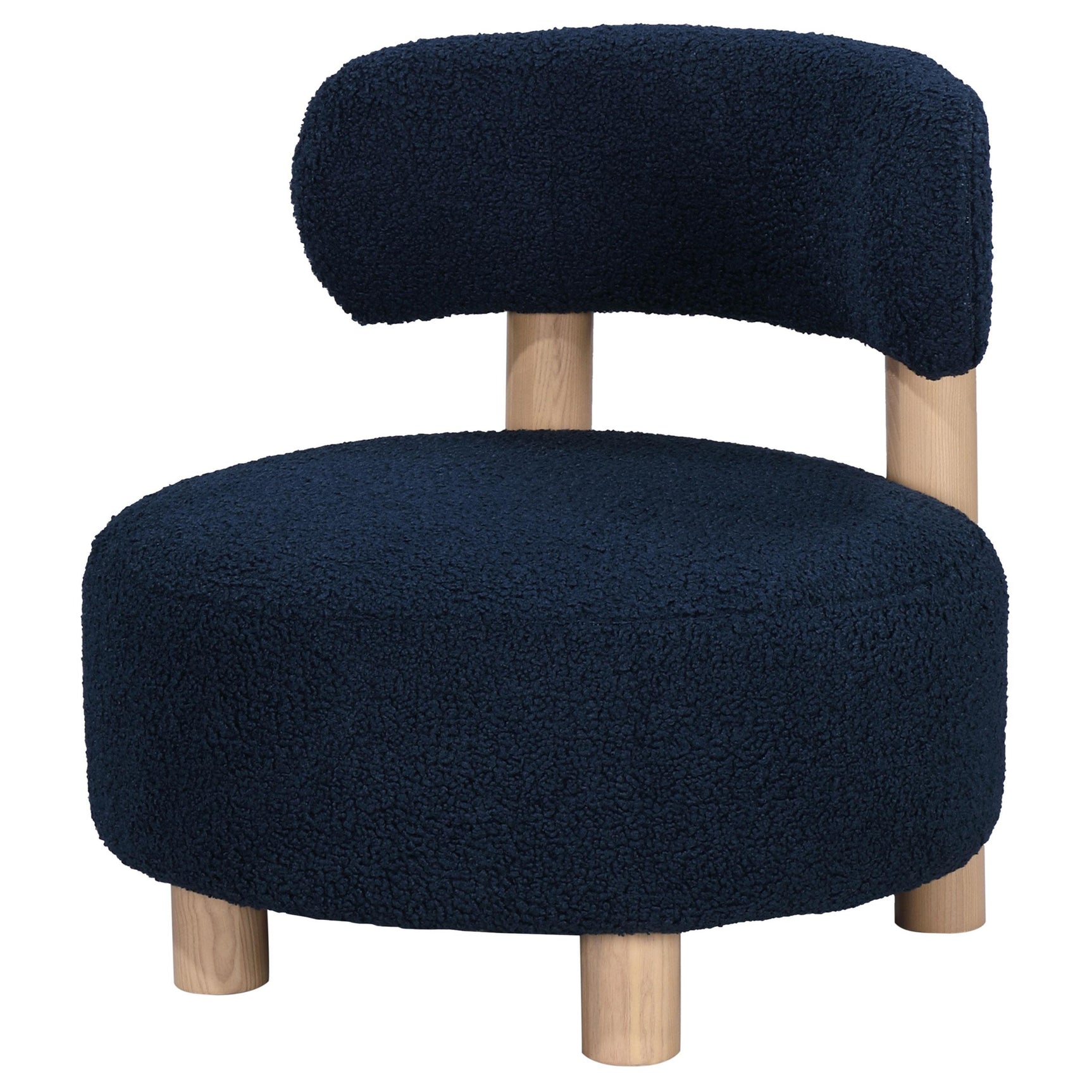 View of oak legs on Zonie blue accent chair