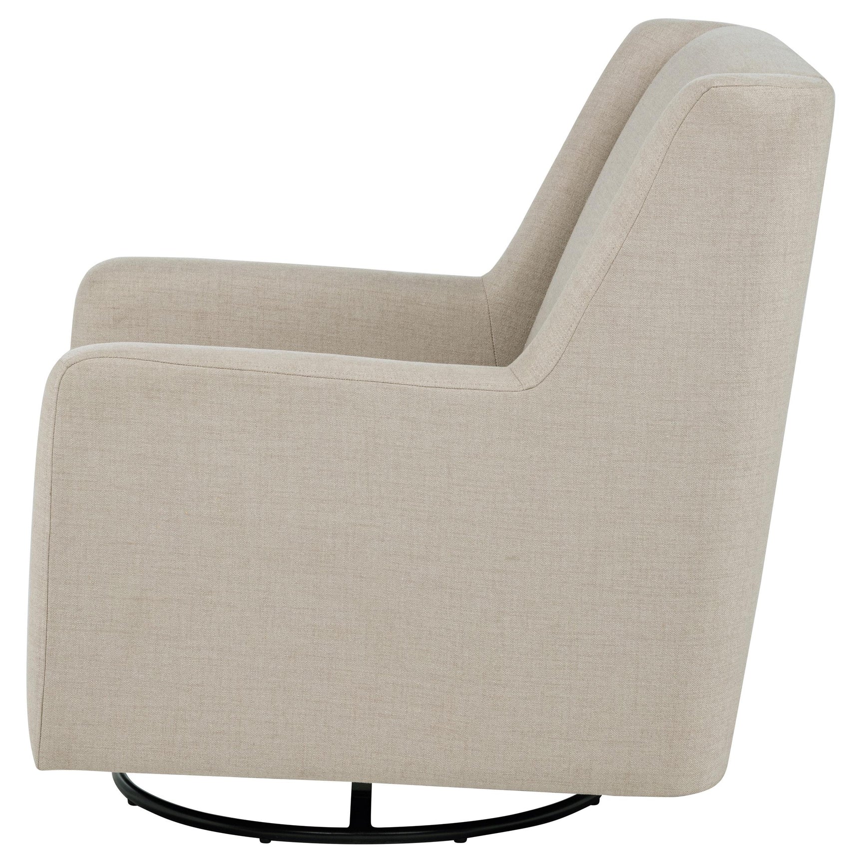 Tall backrest and sloped arms of Sorrel swivel glider chair