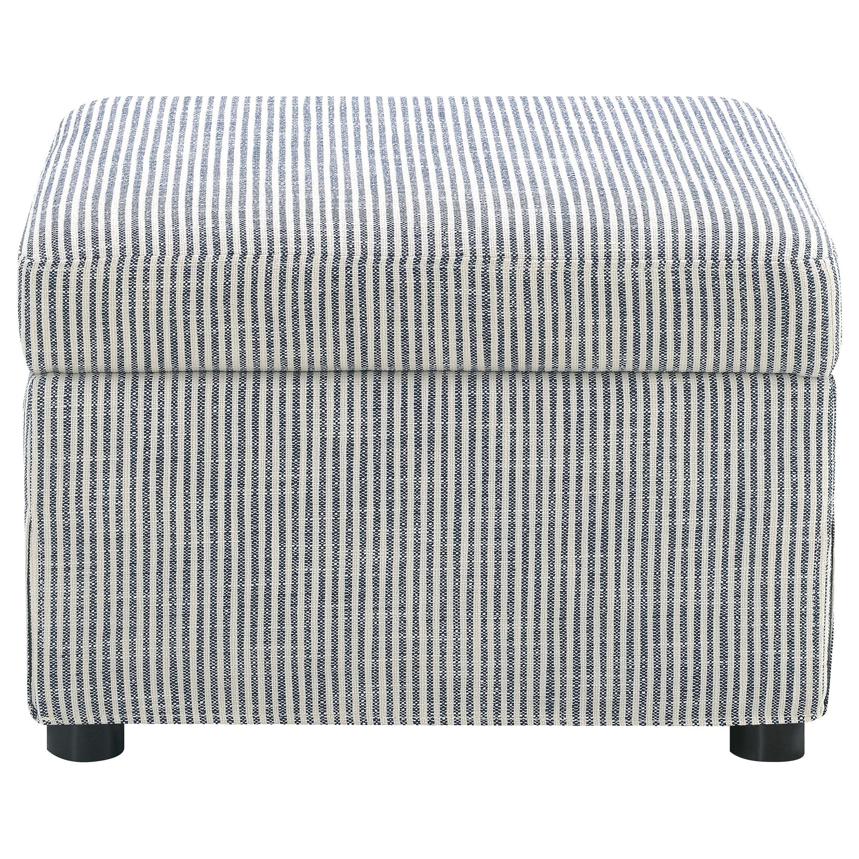 Winter upholstered storage ottoman angle view