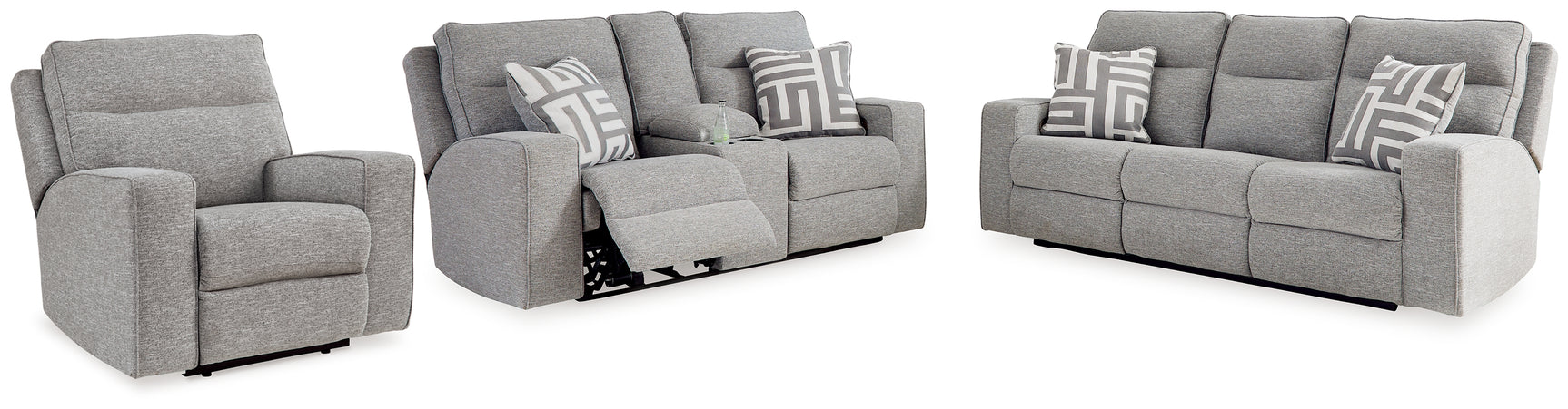 Biscoe pewter loveseat angled side view