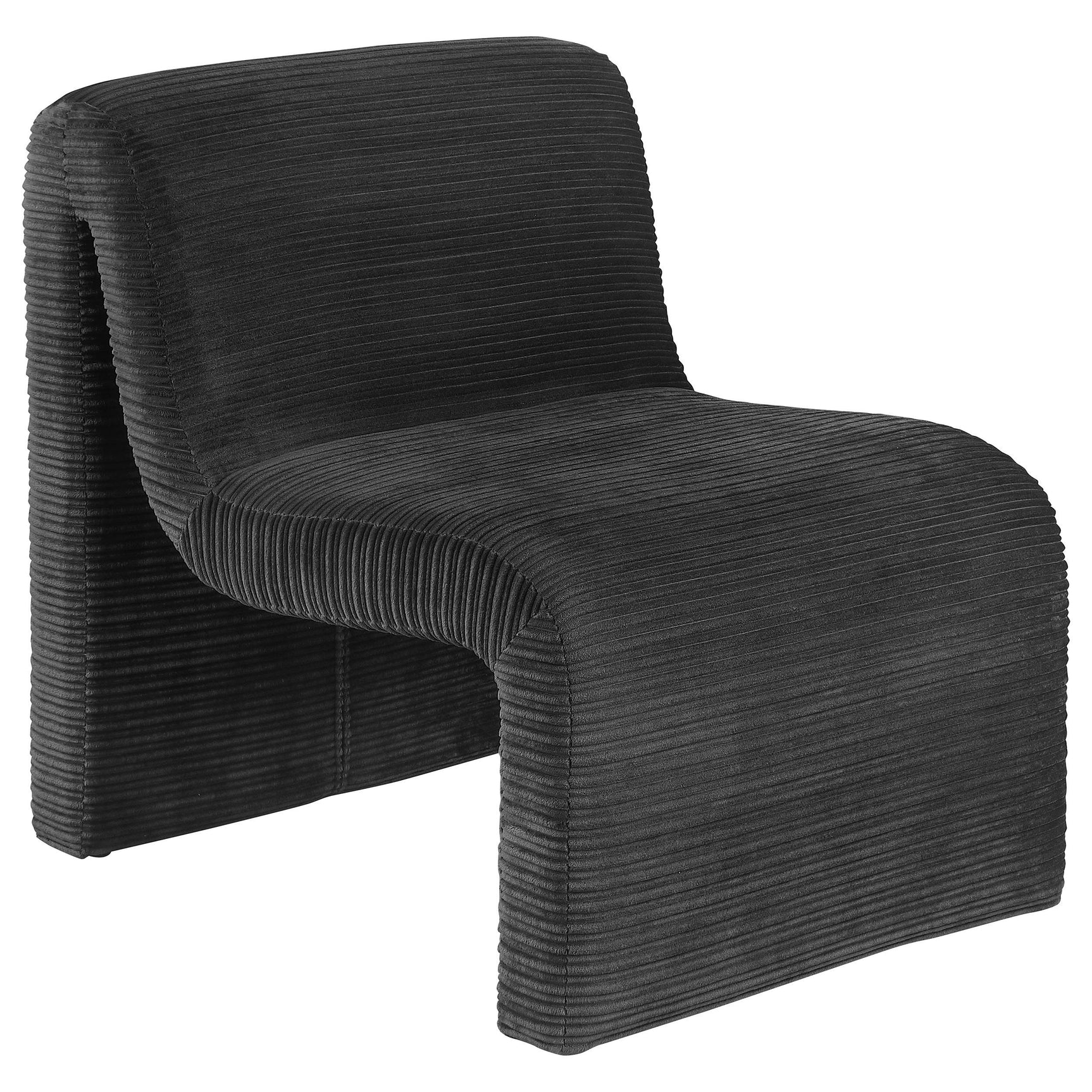 Side view of Drayton black upholstered curved armless accent chair