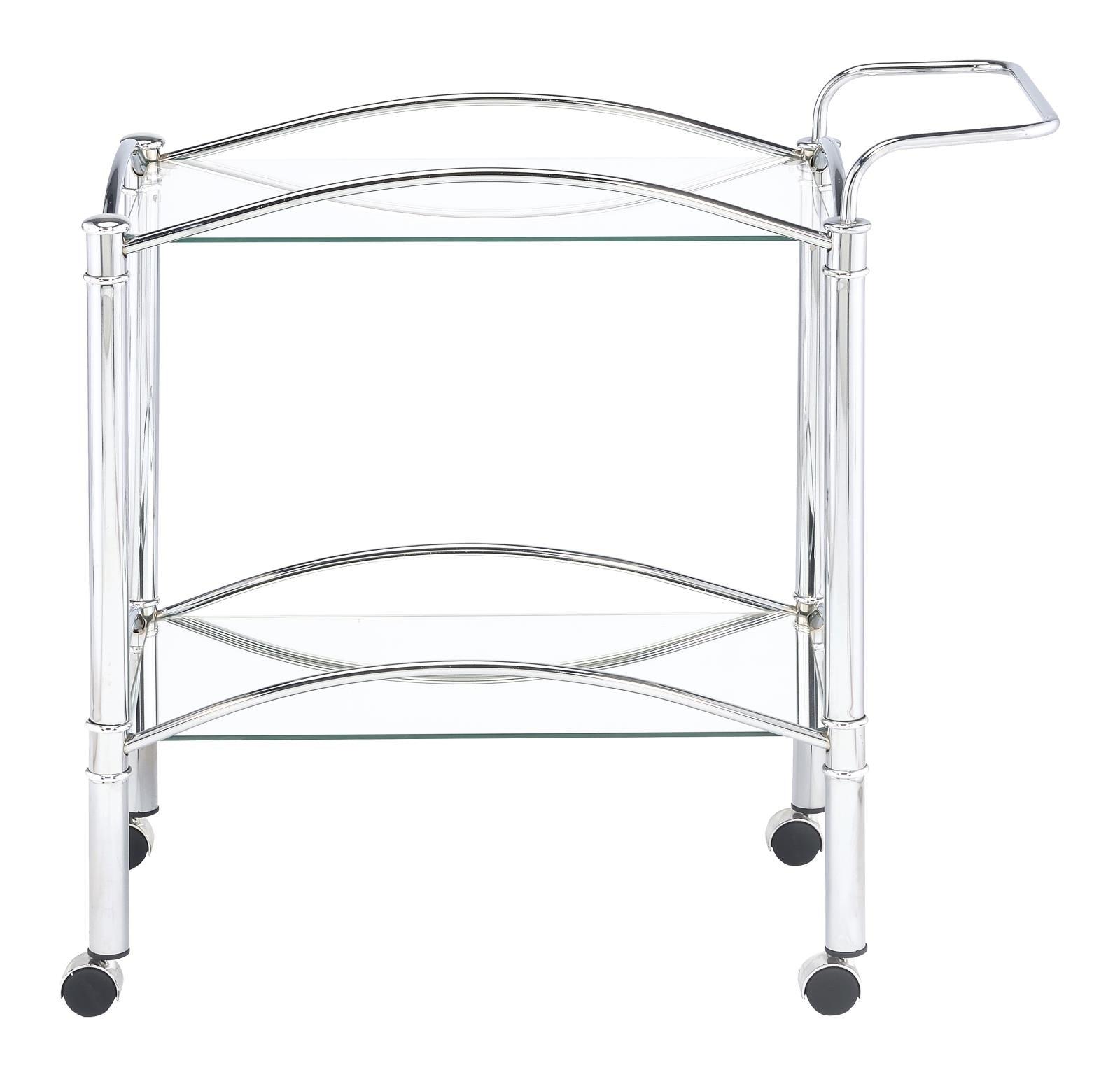 Side angle of chrome 2-tier serving cart with casters