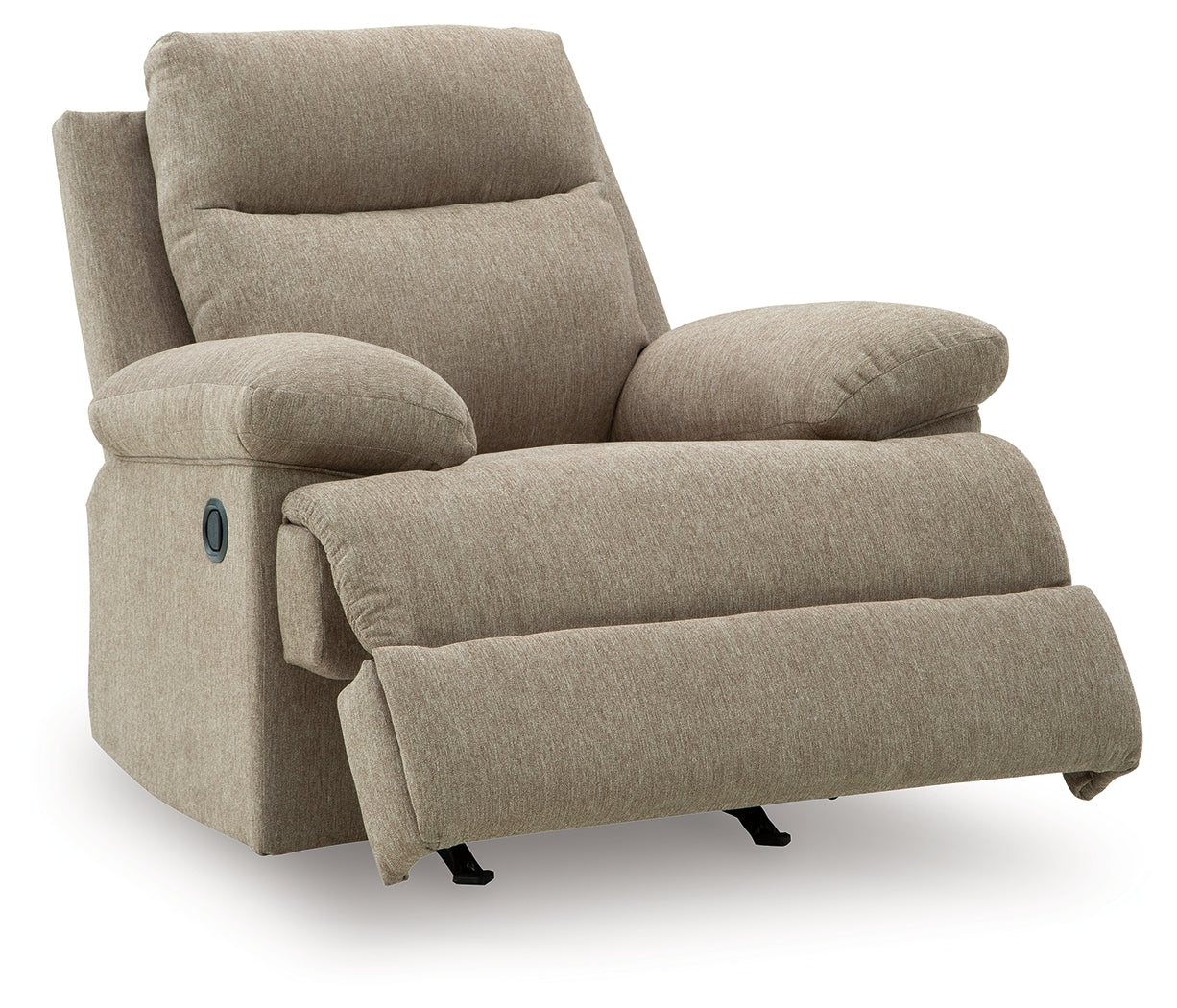 Side-Swipe Mocha Chenille Recliner front angle view with open reclining