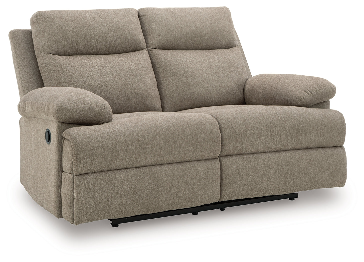 Side-Swipe mocha chenille reclining loveseat, closed recline view