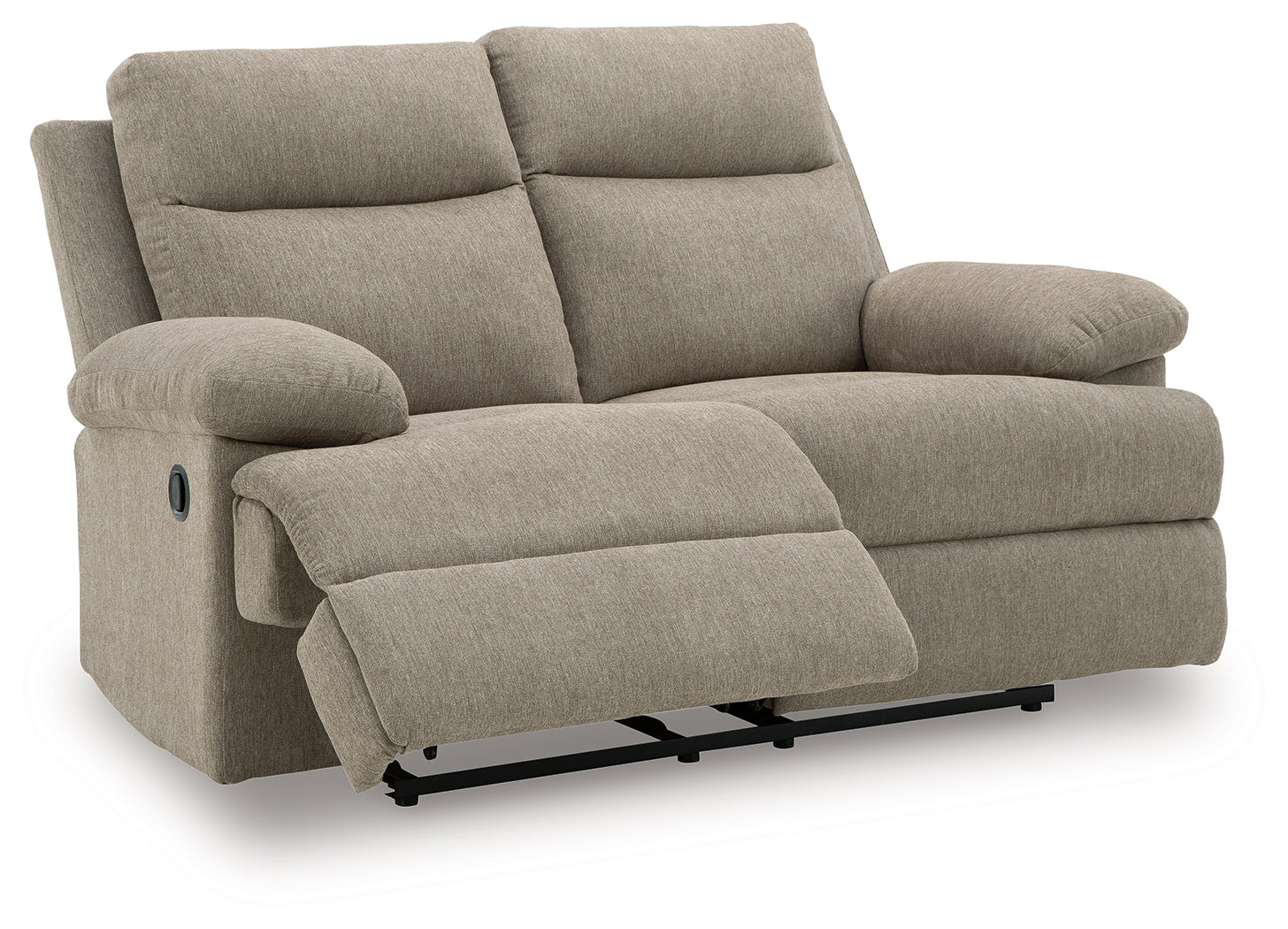 Side-Swipe mocha chenille reclining loveseat, open recline angle
