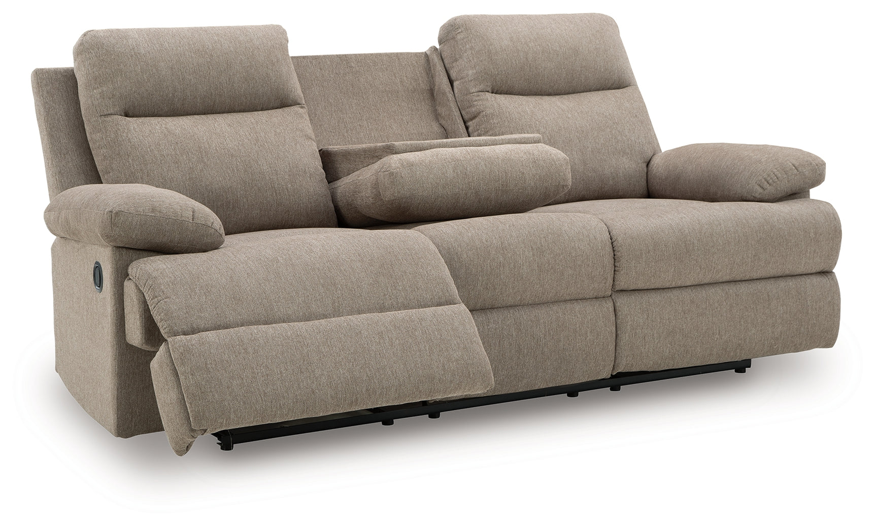 Side-Swipe mocha chenille reclining sofa with recliners open