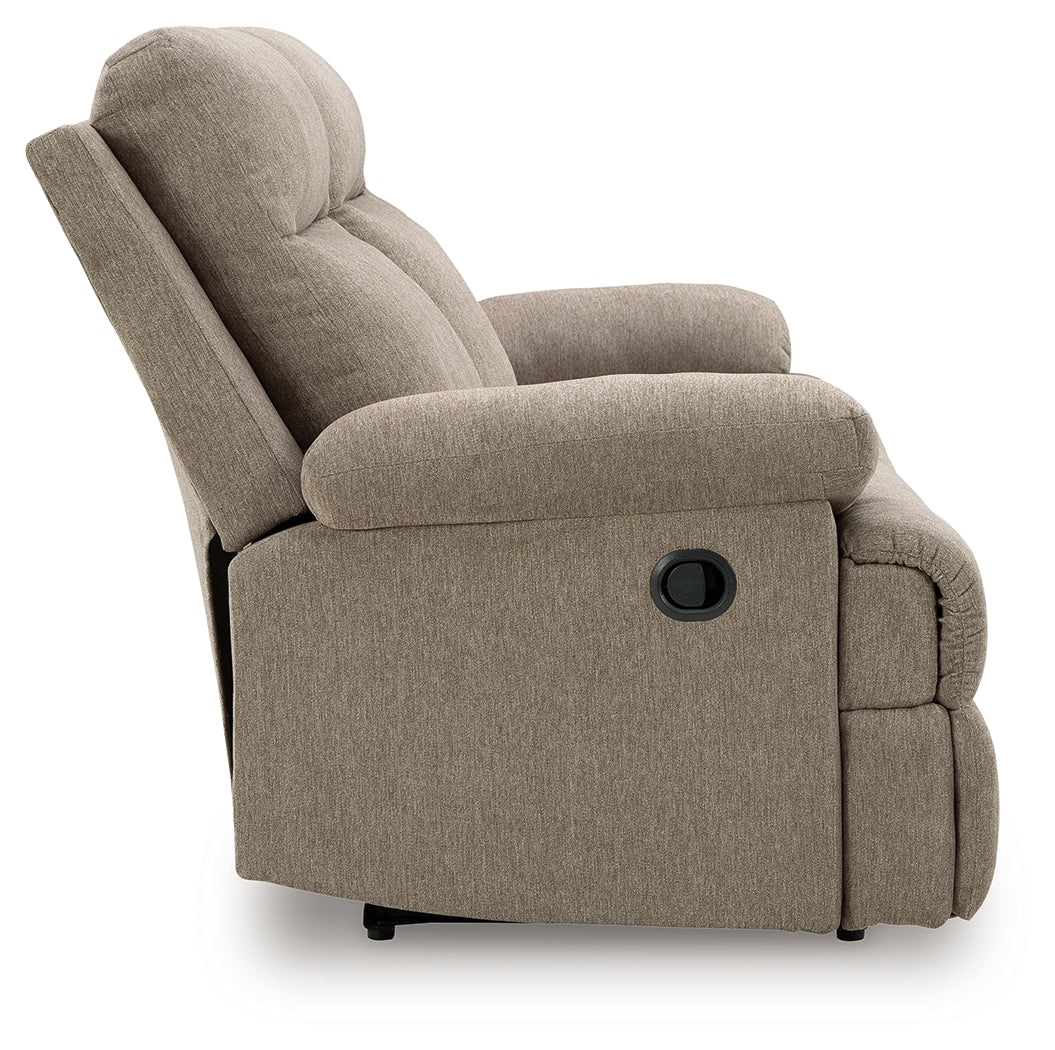Side view of Side-Swipe mocha chenille reclining sofa