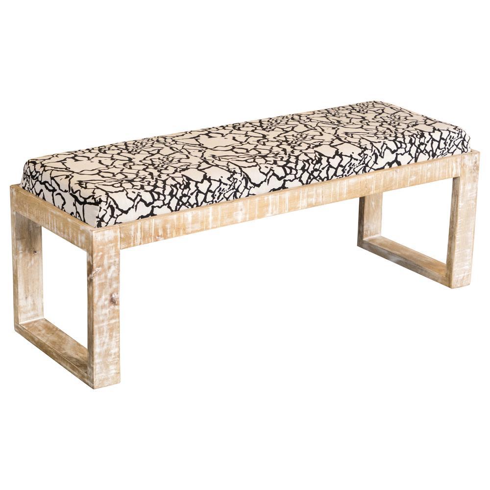 Side angle of Aiden accent bench showing sled leg base and upholstery