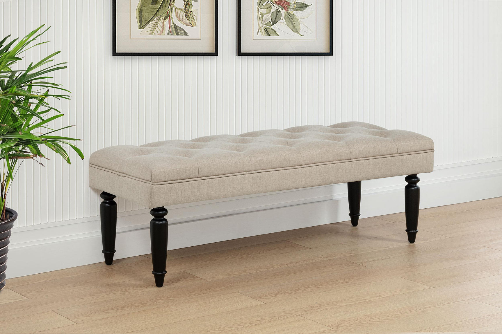 Marsha upholstered bench showing button tufted seat, angled view