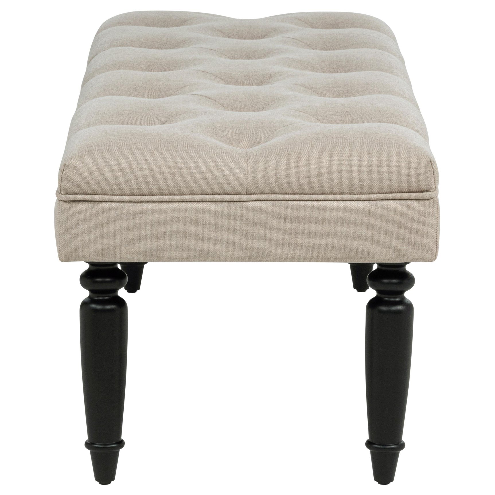 Side profile of Marsha latte bench with fabric upholstery