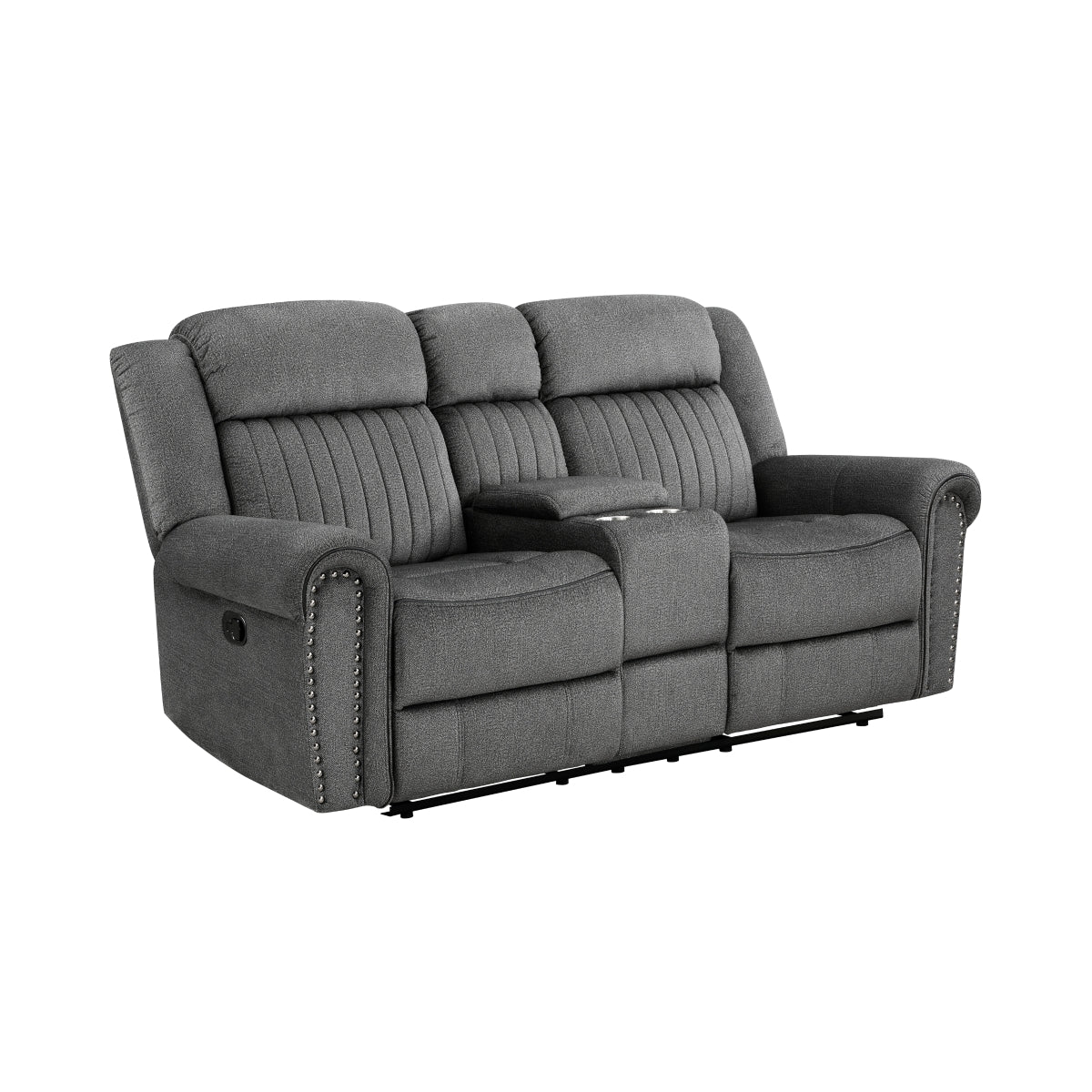 Side view of Brennen charcoal reclining loveseat with console