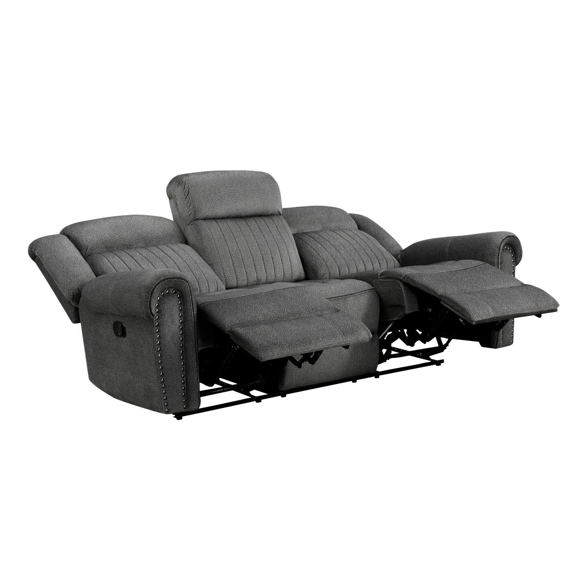 Close-up of textured charcoal microfiber upholstery and stitching