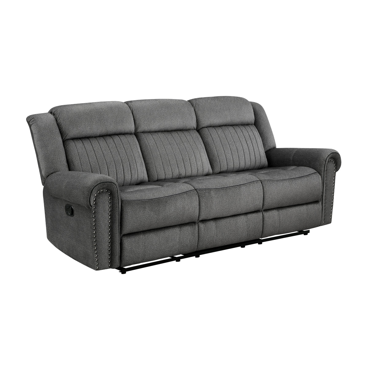 Side view of Brennen charcoal reclining sofa highlighting nailhead trim