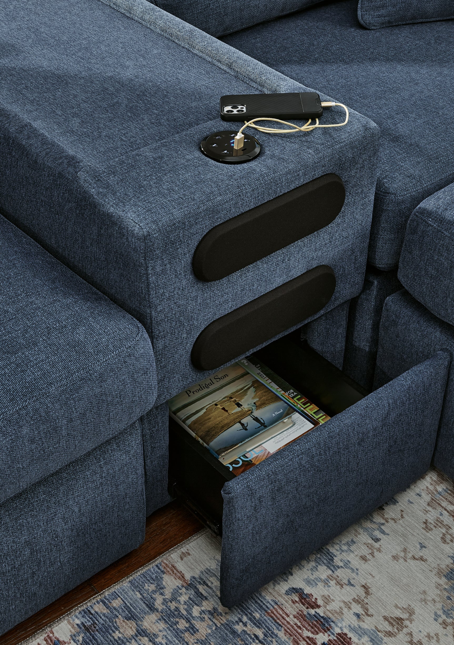 detail closeup of sectional audio console features