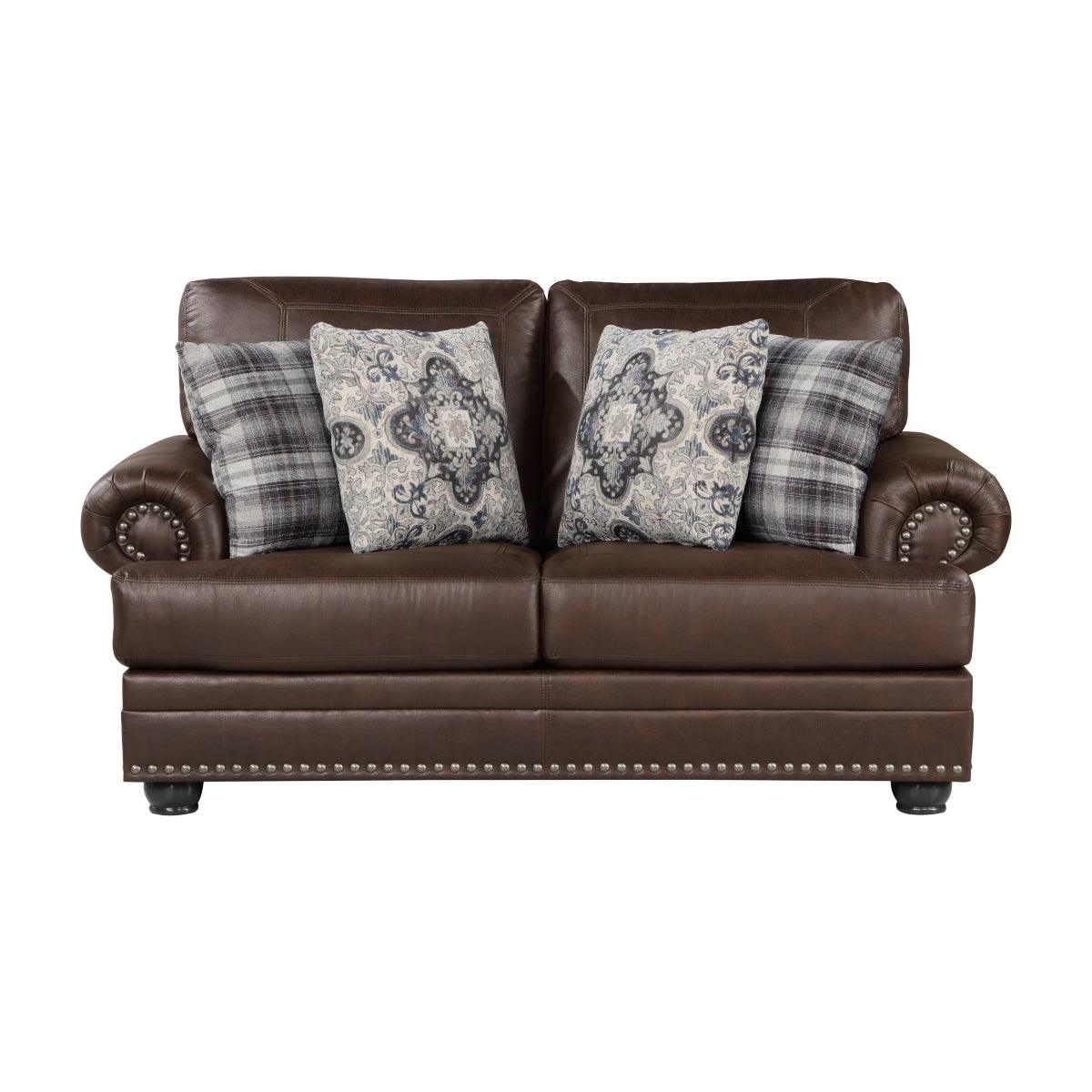Franklin Dark Brown Loveseat front view showing microfiber upholstery and nailhead trim