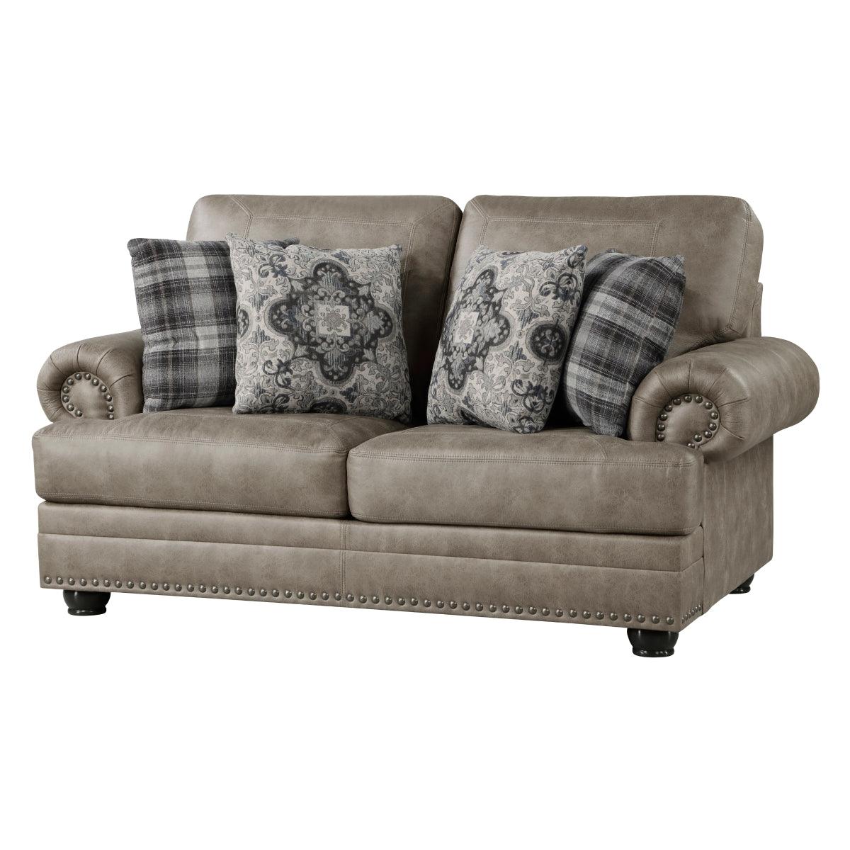 Side angle of gray tufted faux leather loveseat