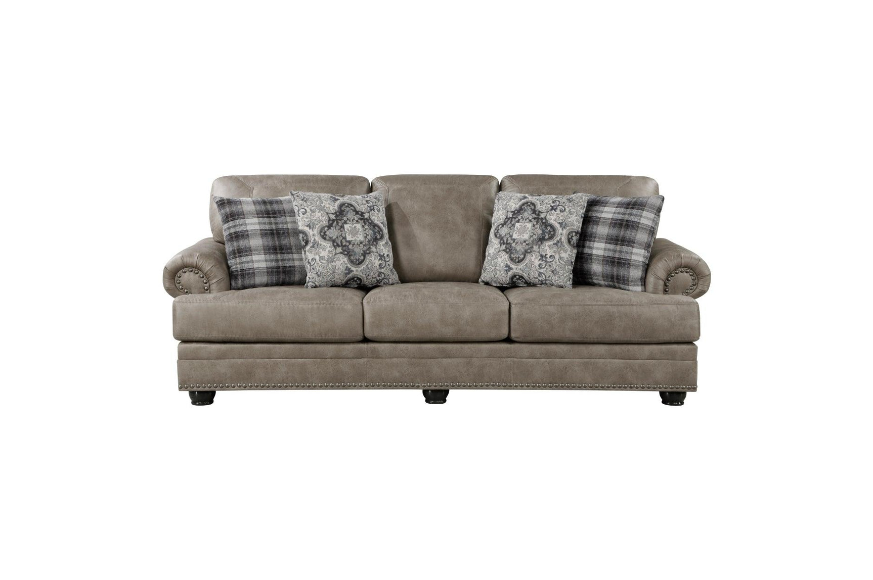 Detail of brown faux leather upholstery on Franklin Brown sofa