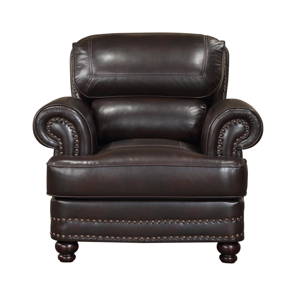 Milford Brown faux leather chair front angle with rolled arms and nailhead trim
