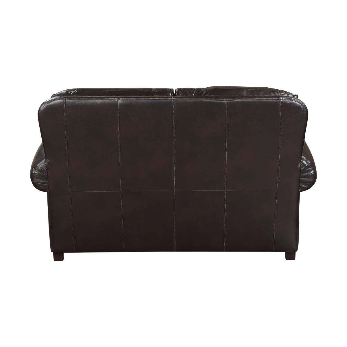 Milford Brown Faux Leather Loveseat with decorative pillows