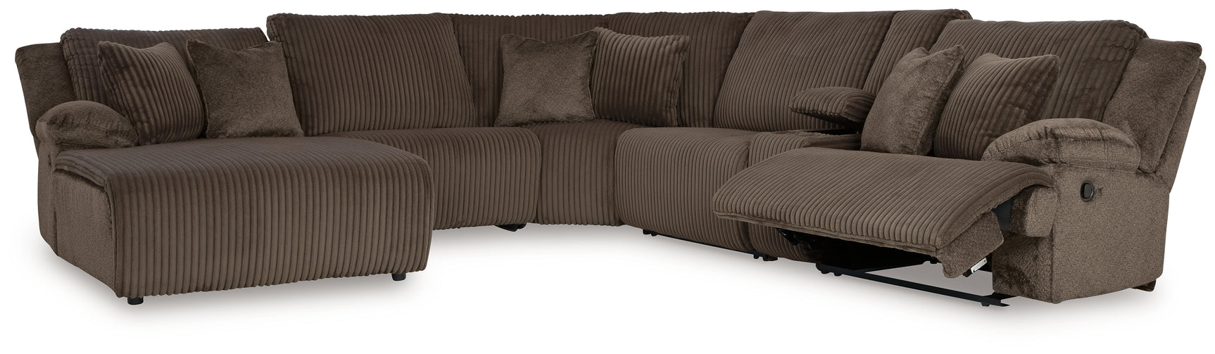 Console with storage and cup holders in chocolate velvet sectional
