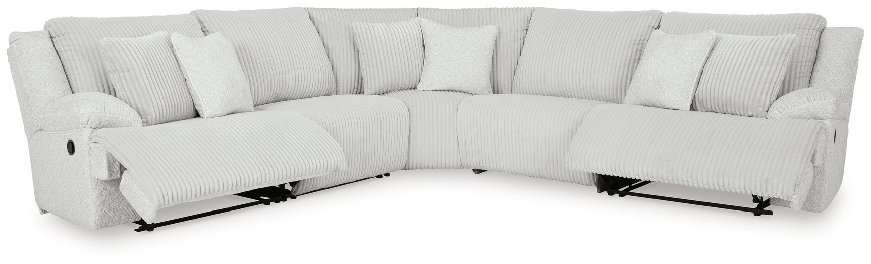 Open left-arm recliner pulled out showing footrest