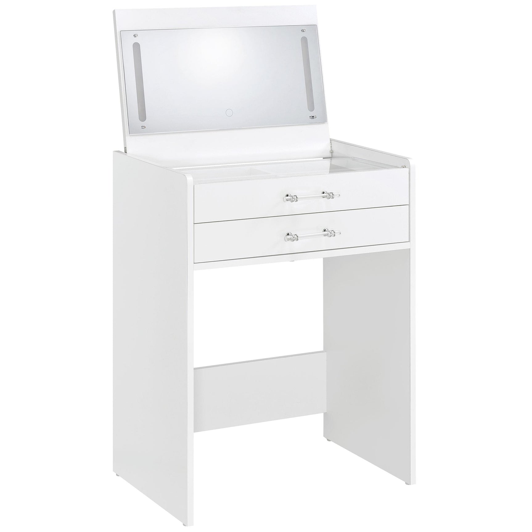 Top view showing compartmentalized drawer under glass tabletop