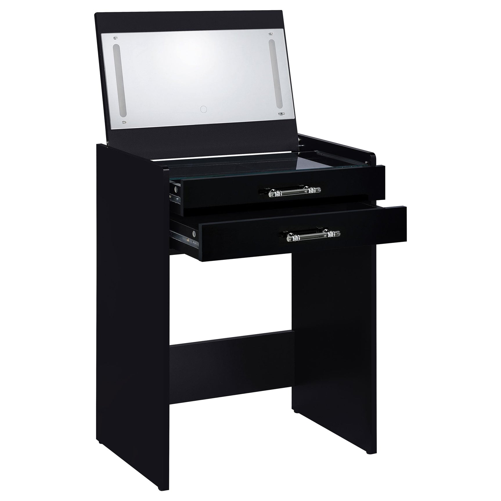 Vanity flipped open showing compartmentalized makeup drawer