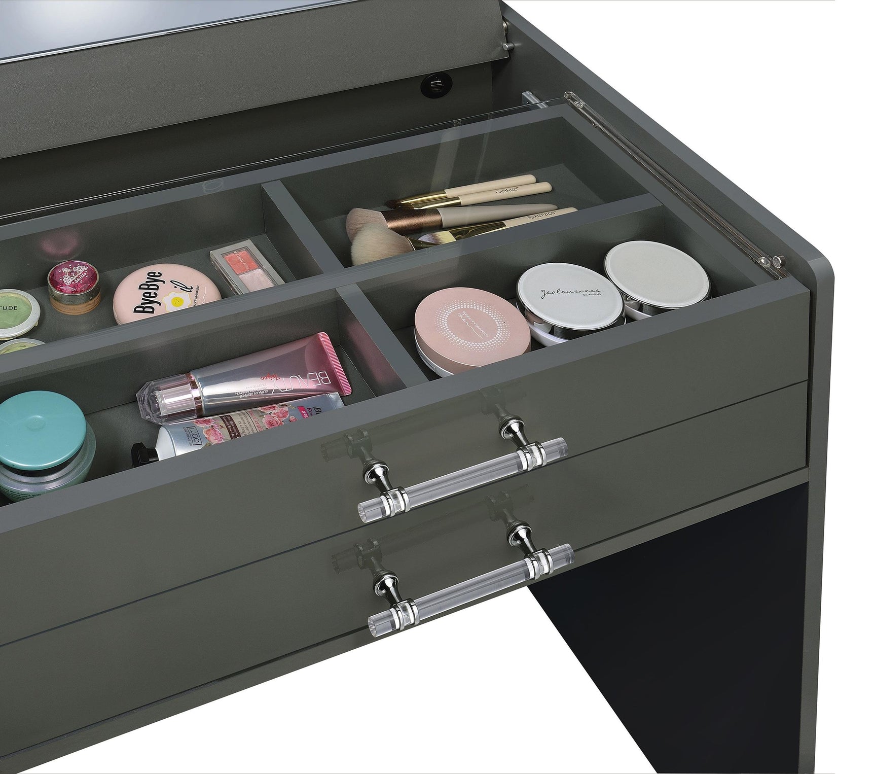 Danbury 3-drawer grey high gloss makeup vanity and stool set