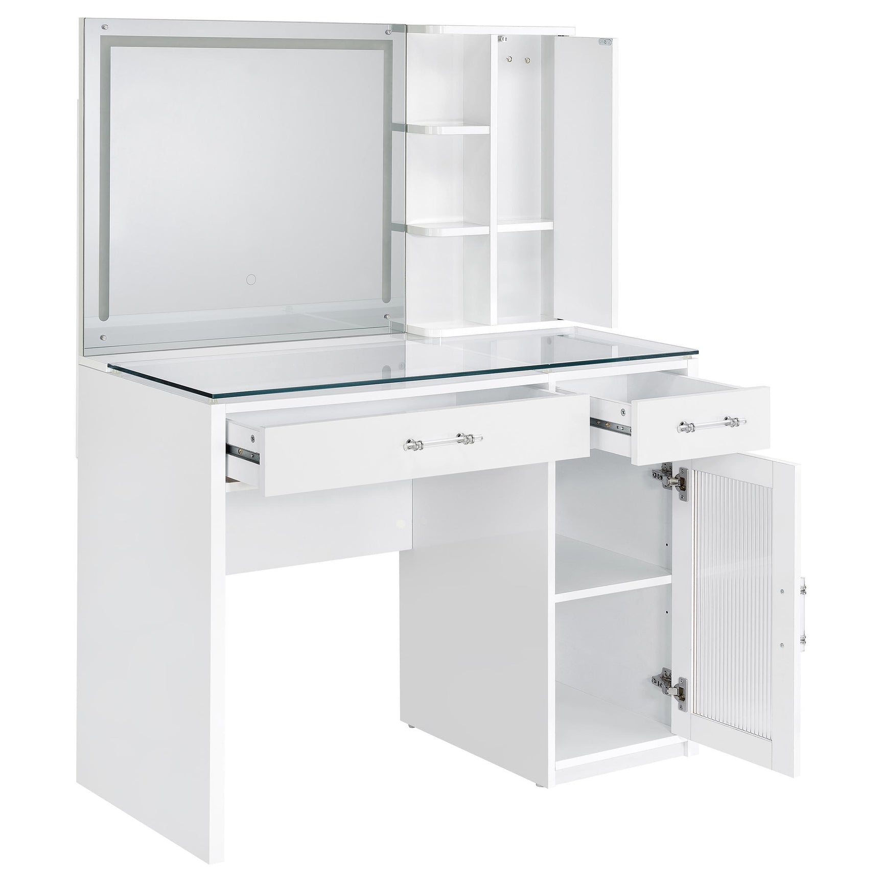Vanity cabinet with fluted panel door open