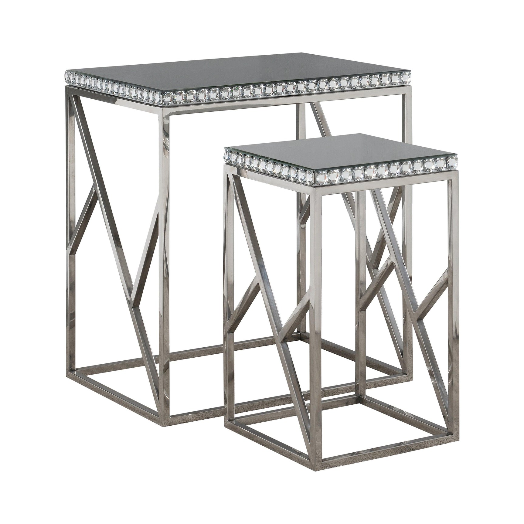 Betsy 2-Piece Silver Mirror Top Nesting Tables - side view highlighting stainless steel frame and crystal trim