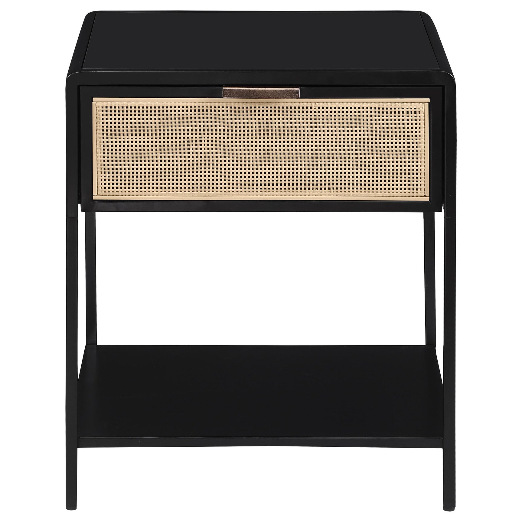 Side view of Amherst metal and rattan side table