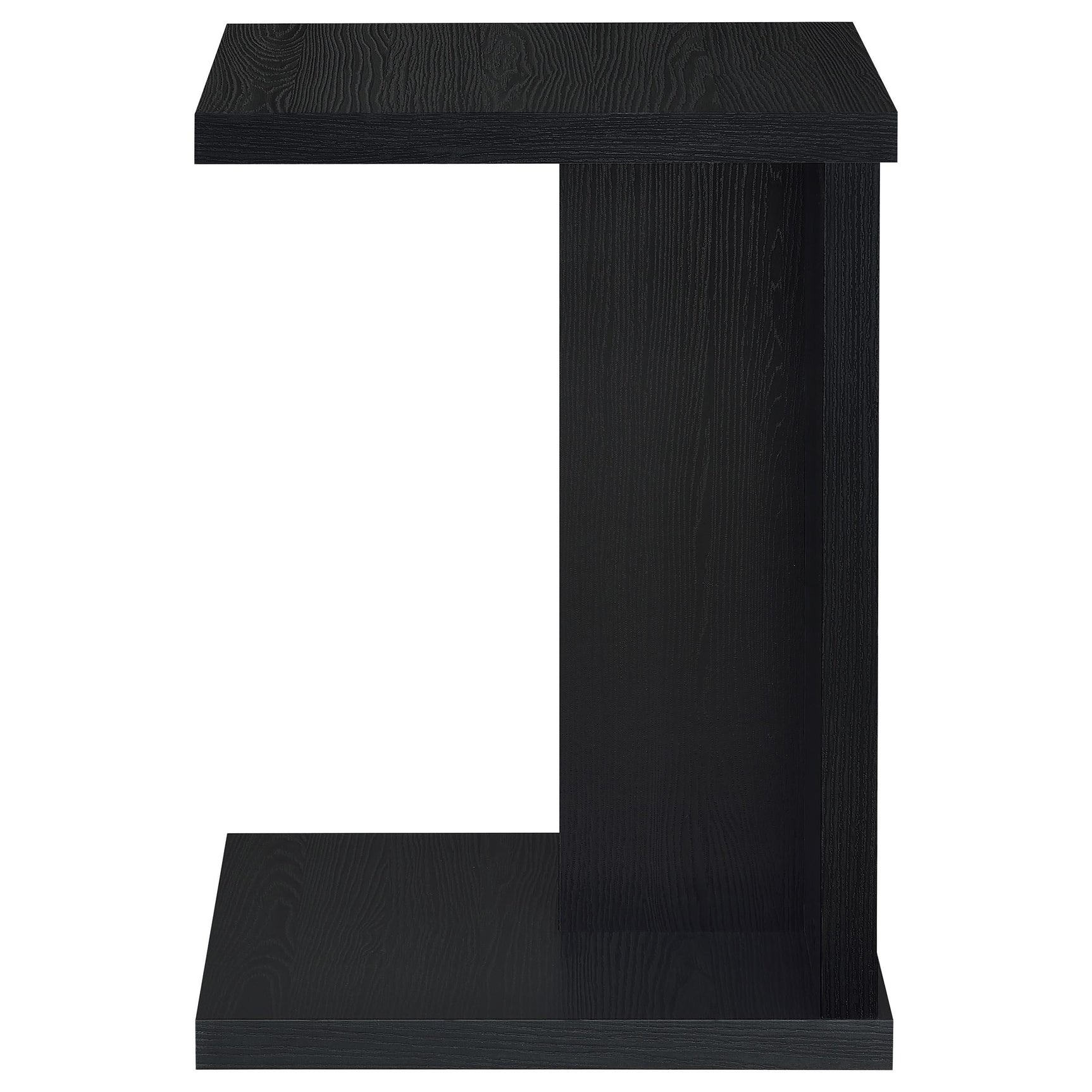 Empty black C-shaped sofa side table with plastic glide levelers
