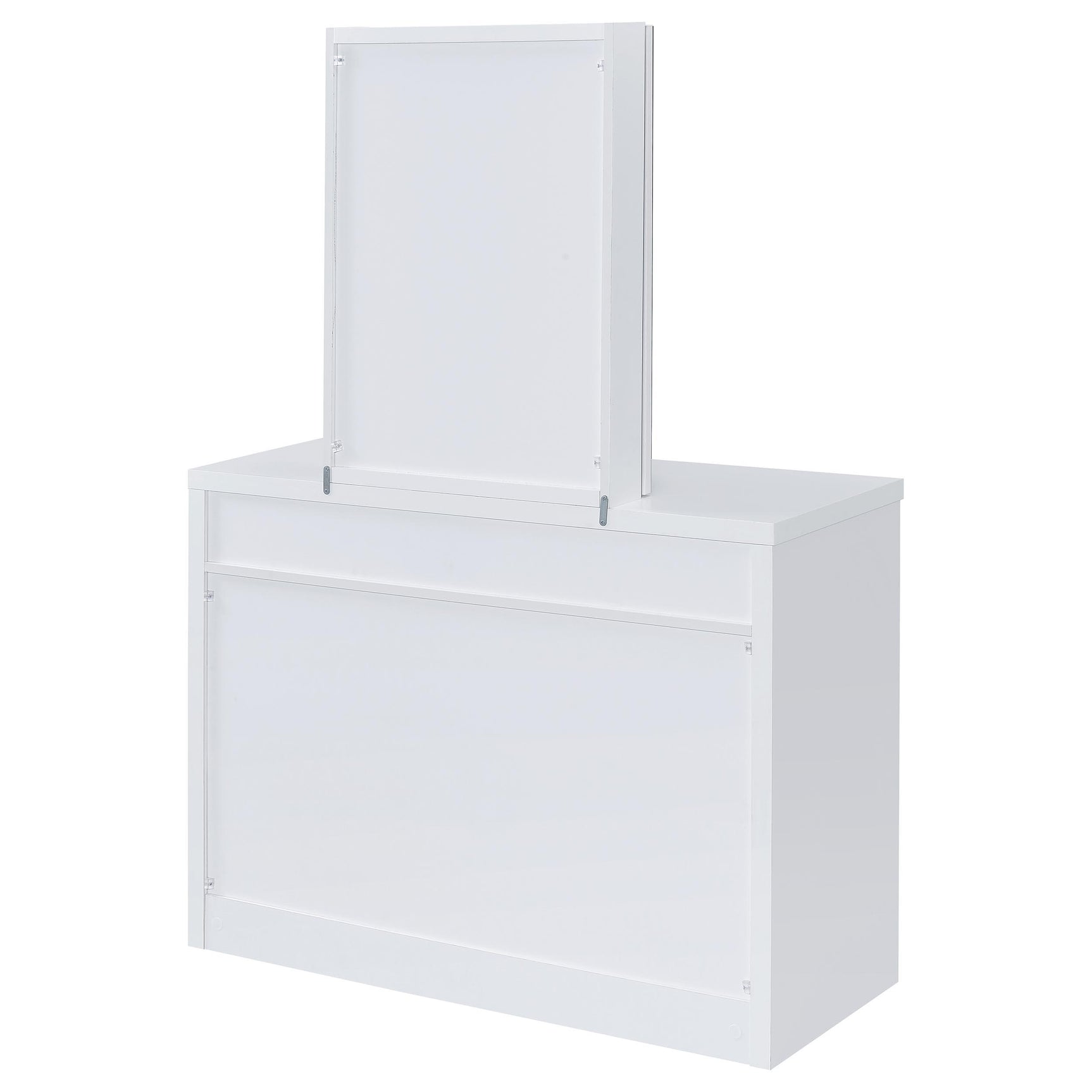 Bunbury white makeup vanity table set with storage mirror and upholstered stool