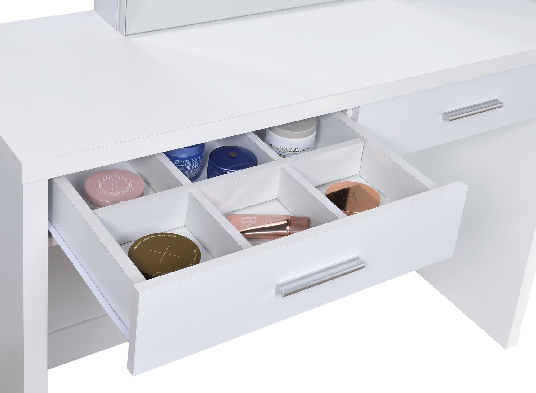 Bunbury white makeup vanity table set with storage mirror and upholstered stool