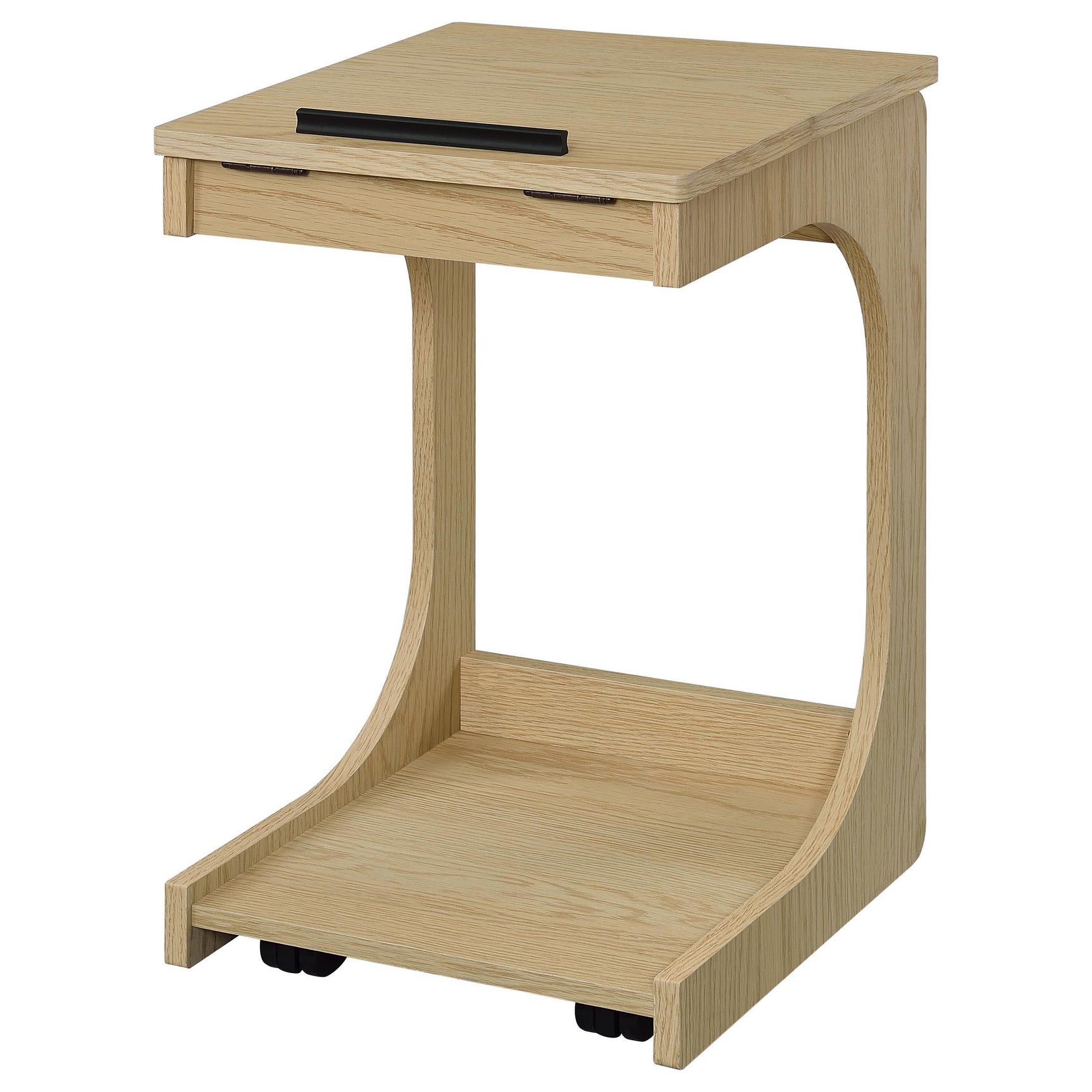 Lift-top open showing shallow compartment and storage below