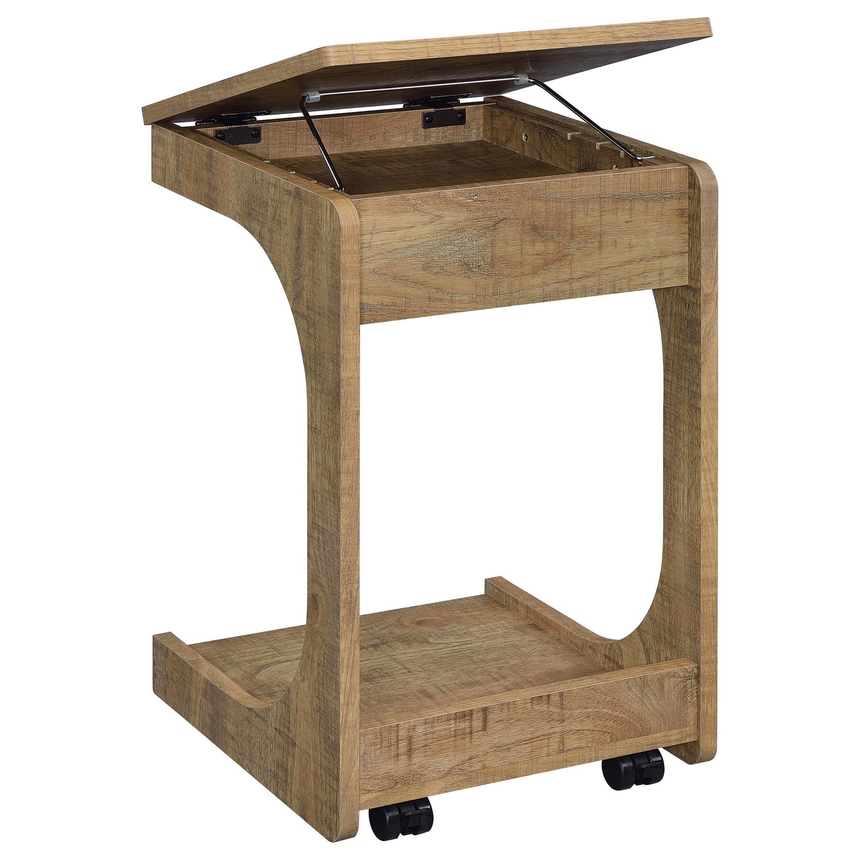 Detailed particle board construction under table surface