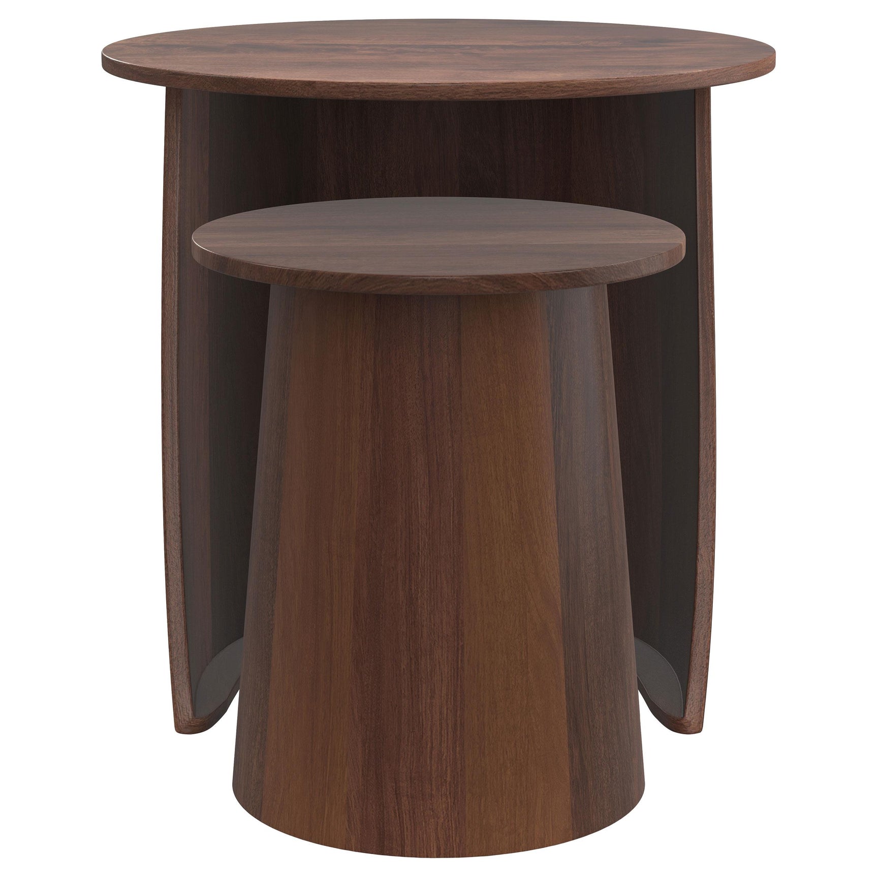 Small Yency round mango wood nesting table tucked under large table