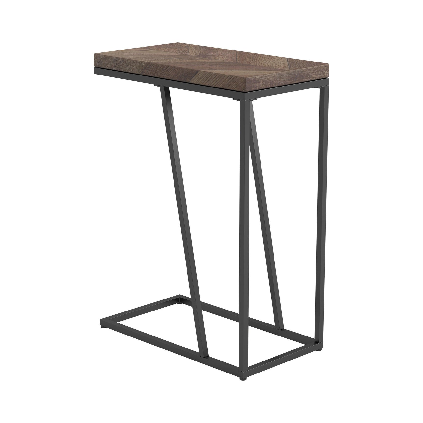 Rectangular side table with chevron wood top and metal base in tobacco