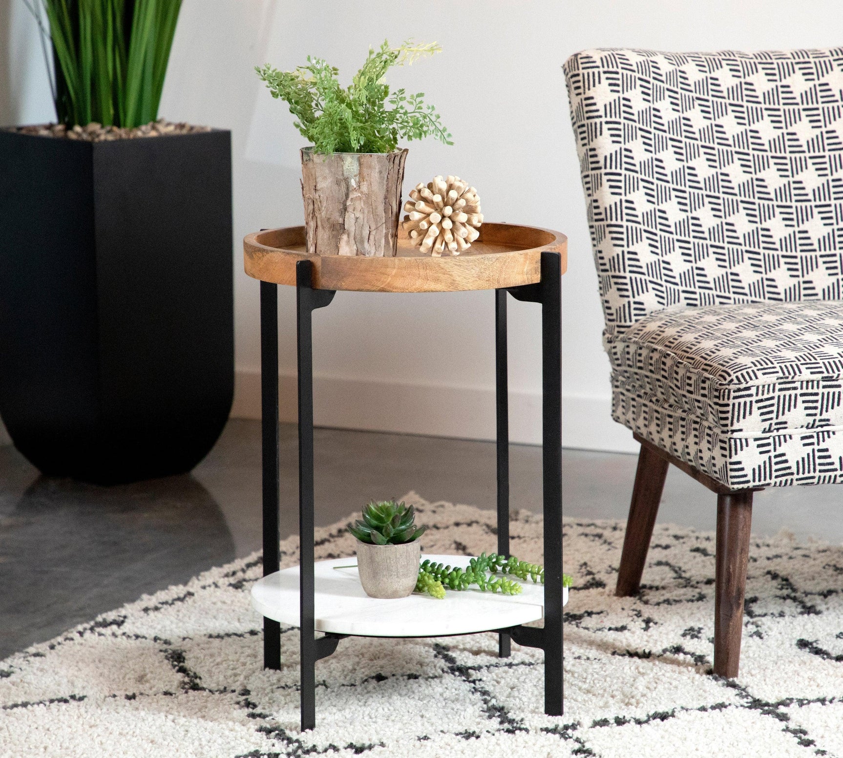 Adhvik Round Accent Table With Marble Shelf Natural And Black - Ella Furniture