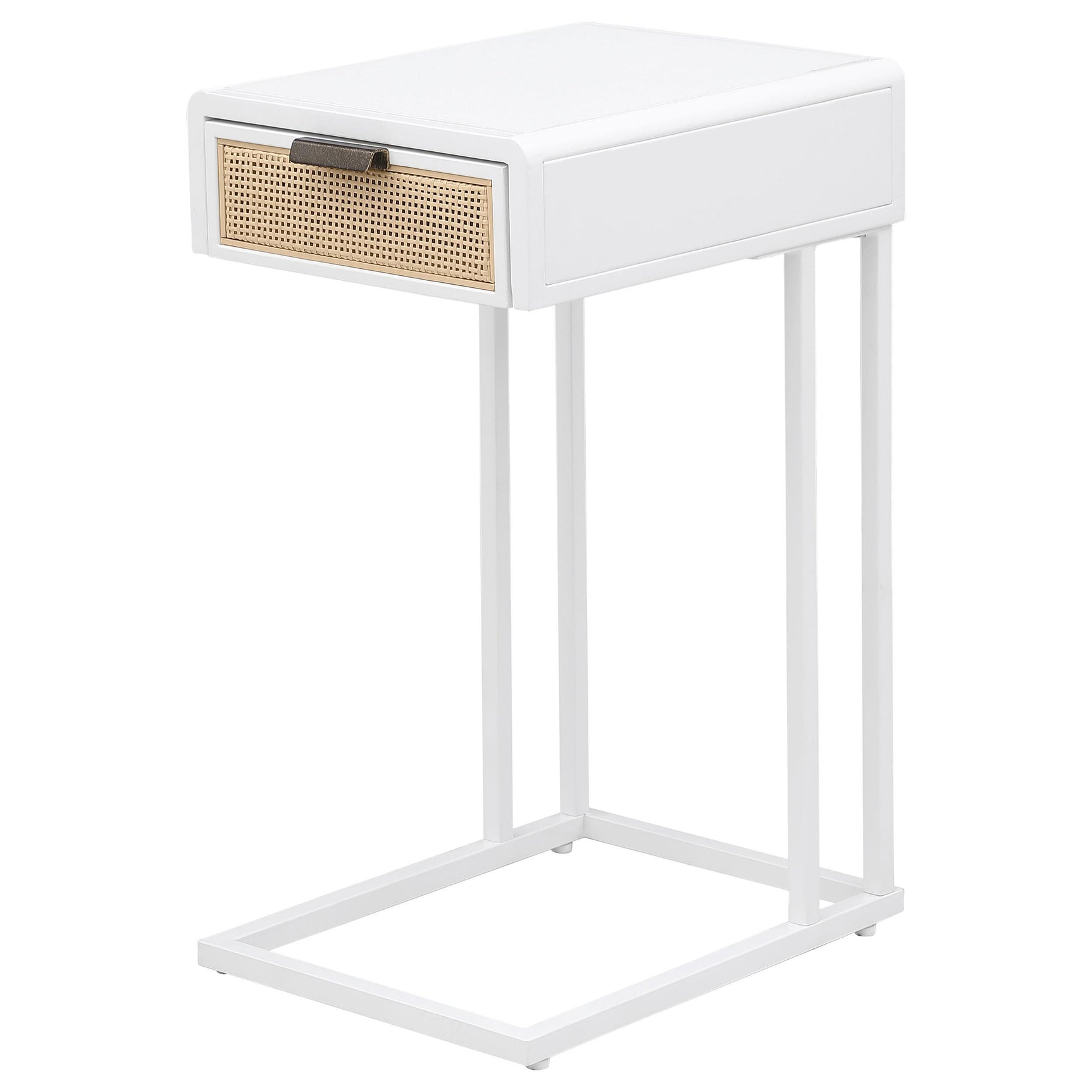 Amherst side table sliding under sofa showing C-shape functionality
